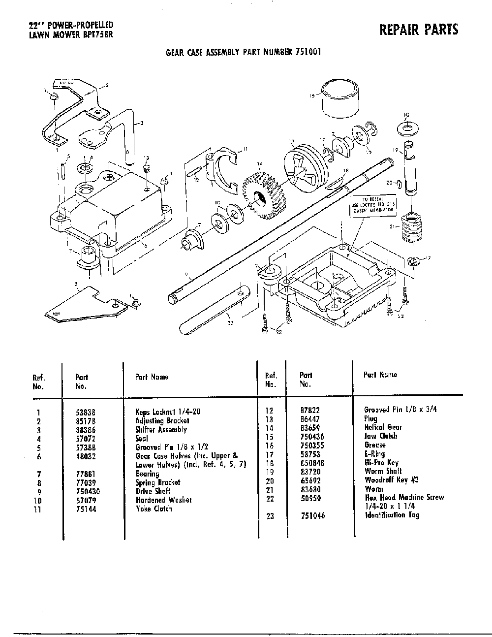 Gear case Diagram and Parts List for 0-22651X9  Murray Lawn Mower