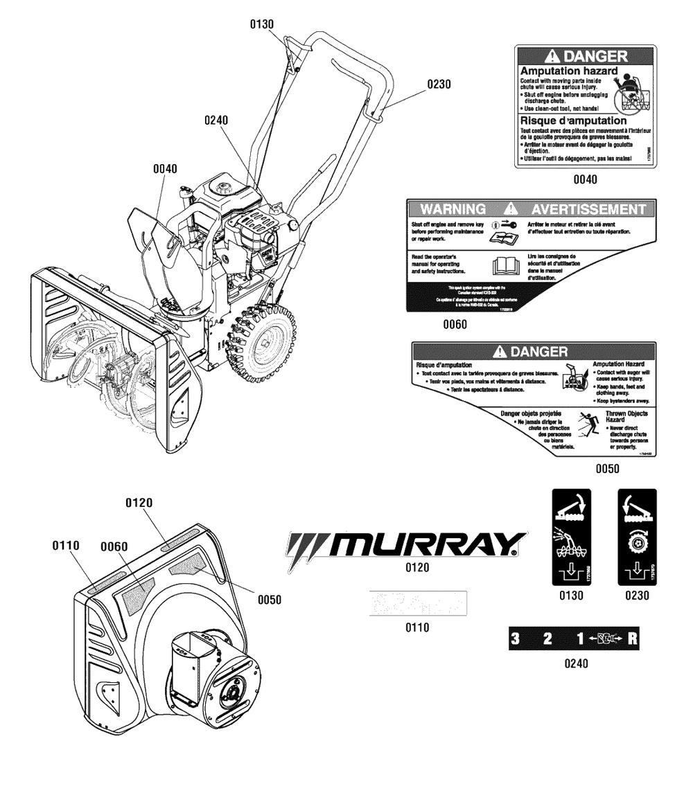 Decals Group Diagram and Parts List for 824RS (1695978)(2011) Murray Snow Blower