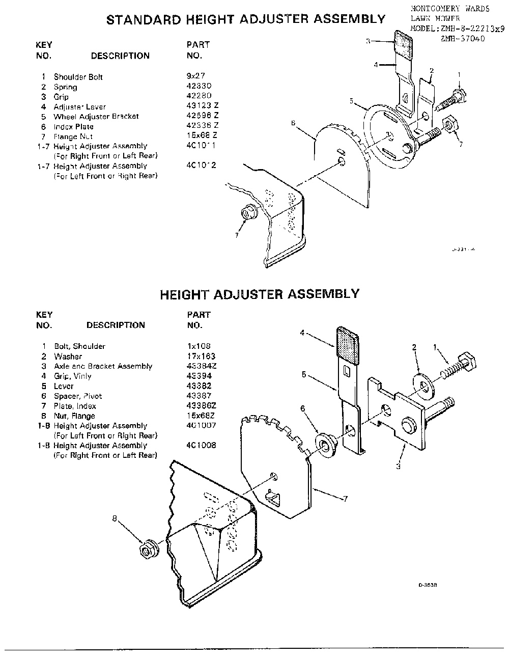 Standard/height adjuster Diagram and Parts List for 8-22213X9  Murray Lawn Mower
