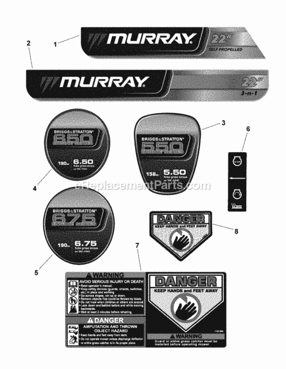 Decals Diagram and Parts List for M22550 7800453 2010 Murray Lawn Mower