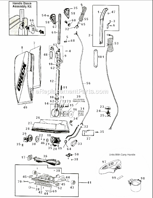 Page A Diagram and Parts List for U2000RB-1  Oreck Upright Vacuum