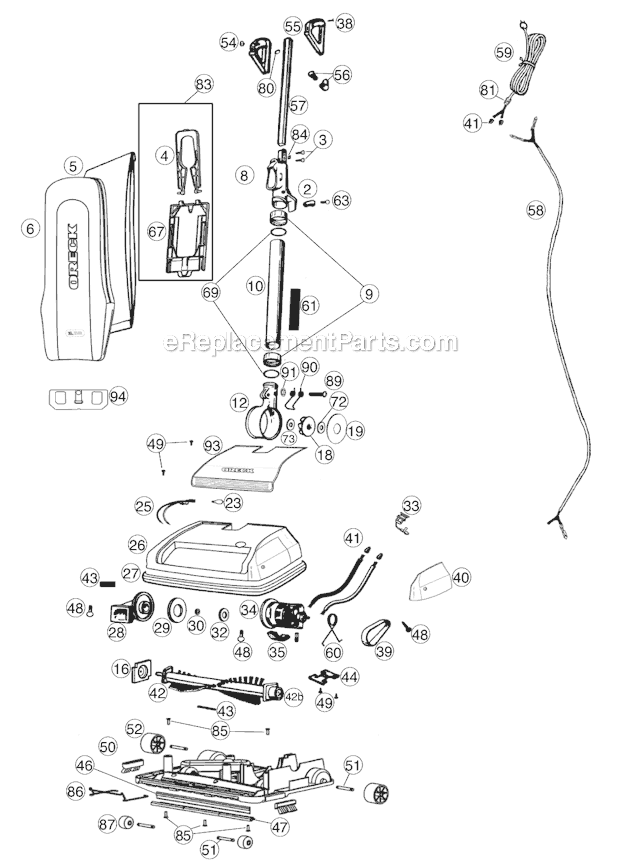 Page A Diagram and Parts List for U3770HH  Oreck Upright Vacuum