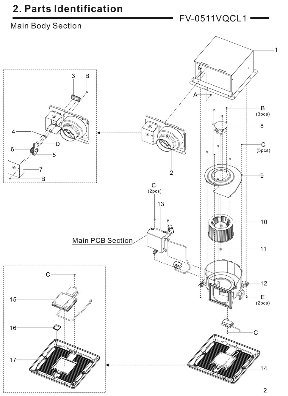 01 Main Body Section Diagram and Parts List for FV-0511VQCL1  Panasonic Bath & Ventilation Fan