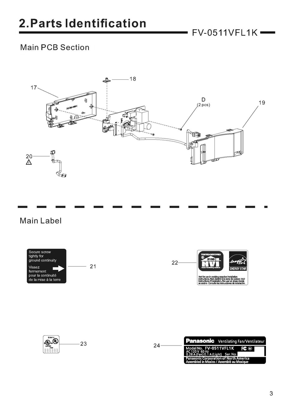 02 Main Pcb Section And Labels Diagram and Parts List for FV-0511VFL1K  Panasonic Bath & Ventilation Fan
