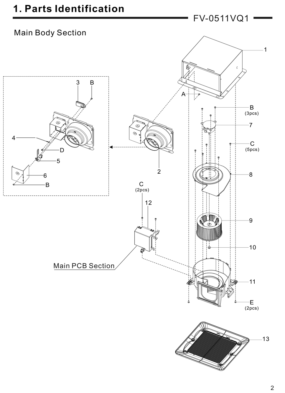 01 Main Body Section Diagram and Parts List for FV-0511VQ1  Panasonic Bath & Ventilation Fan