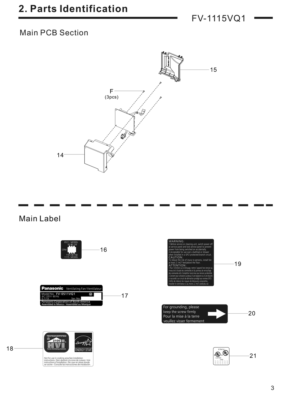 02 Main Pcb Section Diagram and Parts List for FV-1115VQ1  Panasonic Bath & Ventilation Fan