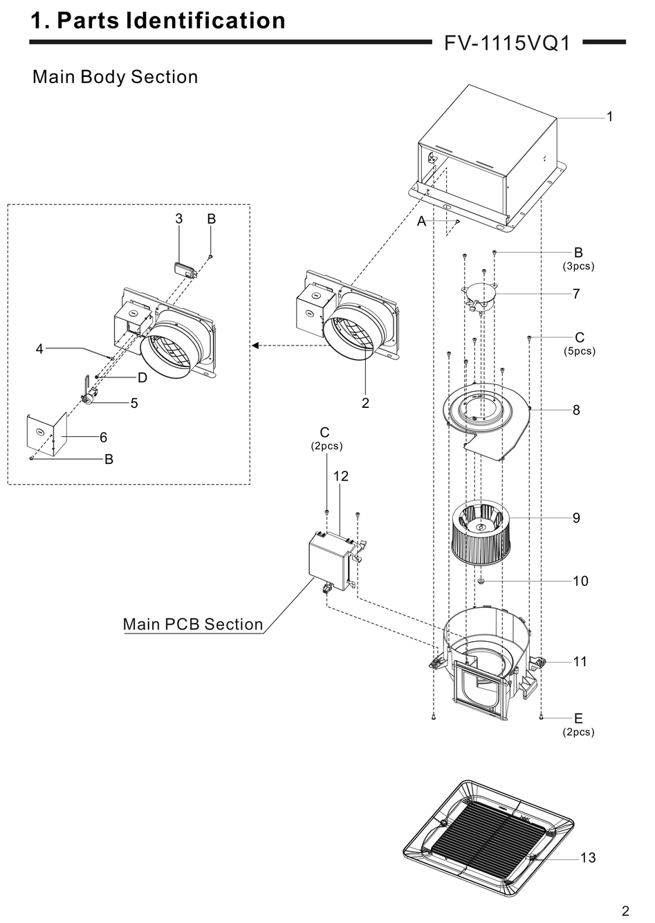 01 Main Body Section Diagram and Parts List for FV-1115VQ1  Panasonic Bath & Ventilation Fan