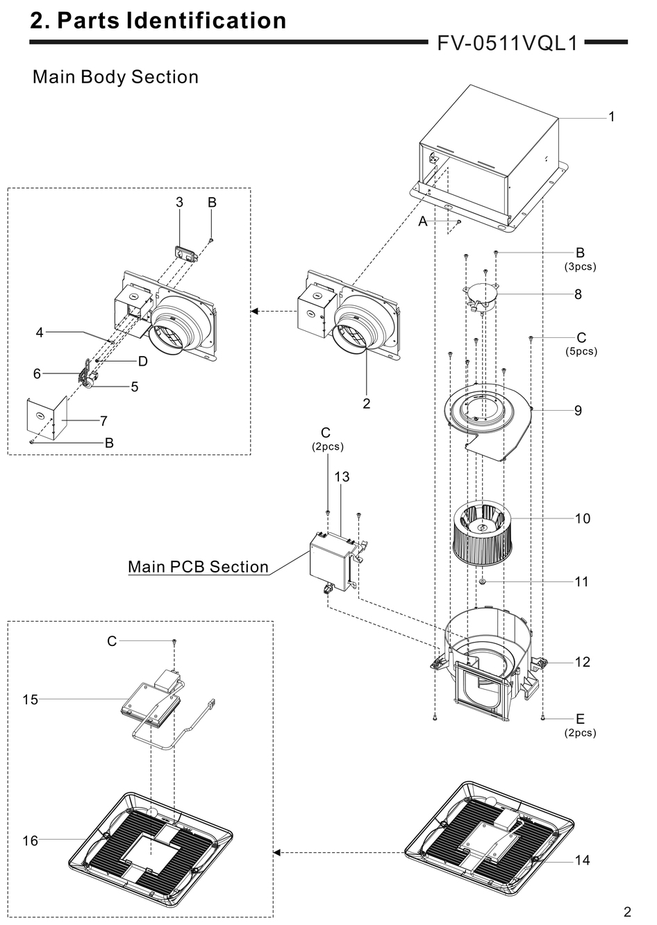 01 Main Body Section Diagram and Parts List for FV-0511VQL1  Panasonic Bath & Ventilation Fan