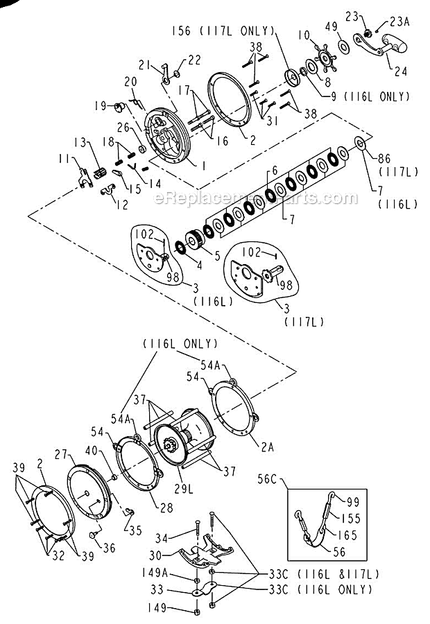 Page A Diagram and Parts List for 116L  Penn Conventional Reels