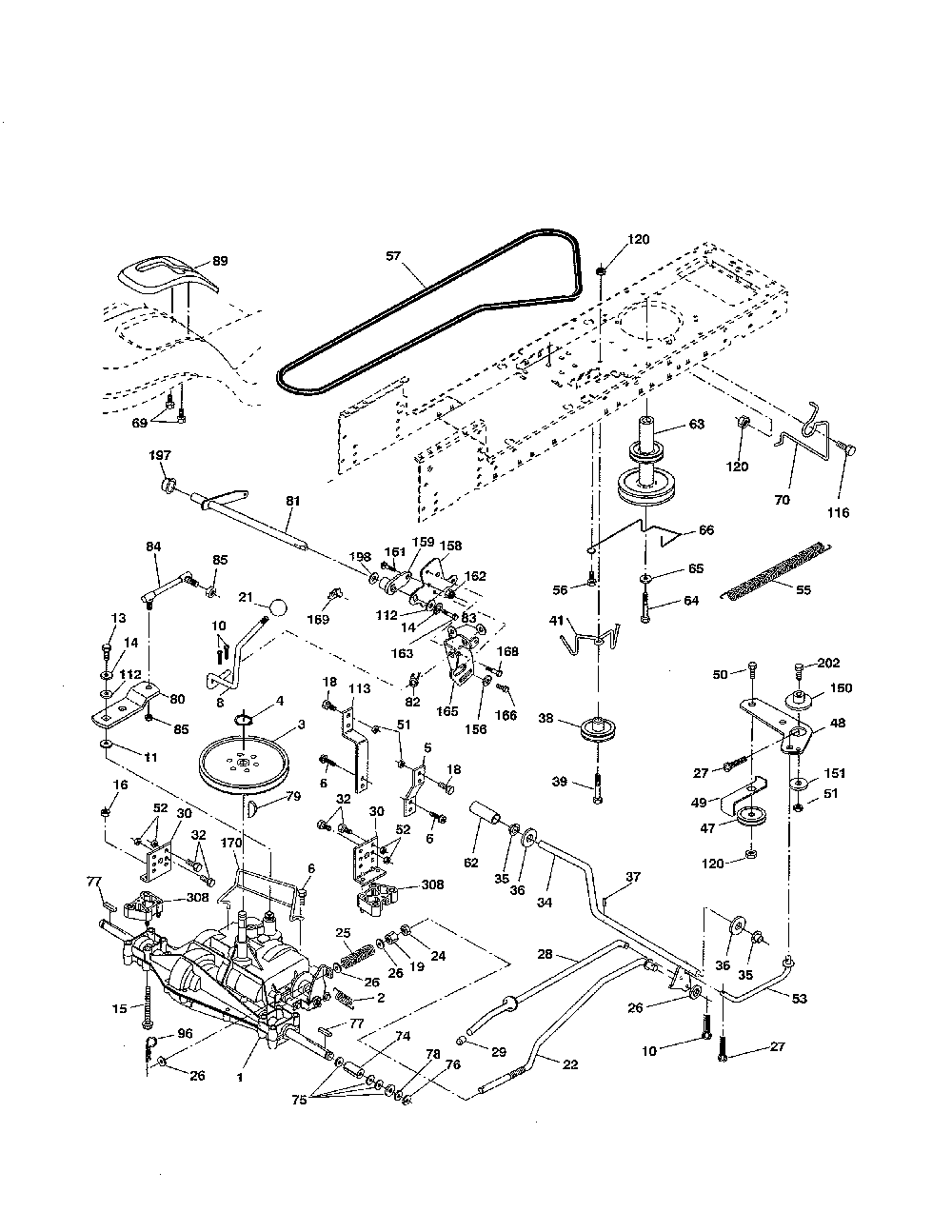 Drive Diagram and Parts List for 96016002200  Poulan Lawn Tractor
