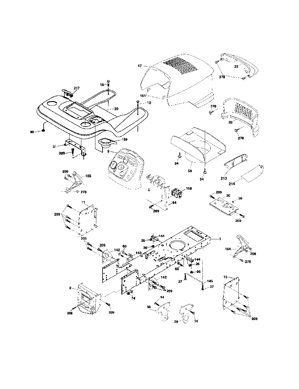 Chassis Diagram and Parts List for 96012003000  Poulan Lawn Tractor