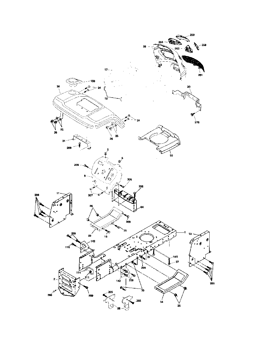 Chassis Diagram and Parts List for 96012001501  Poulan Lawn Tractor