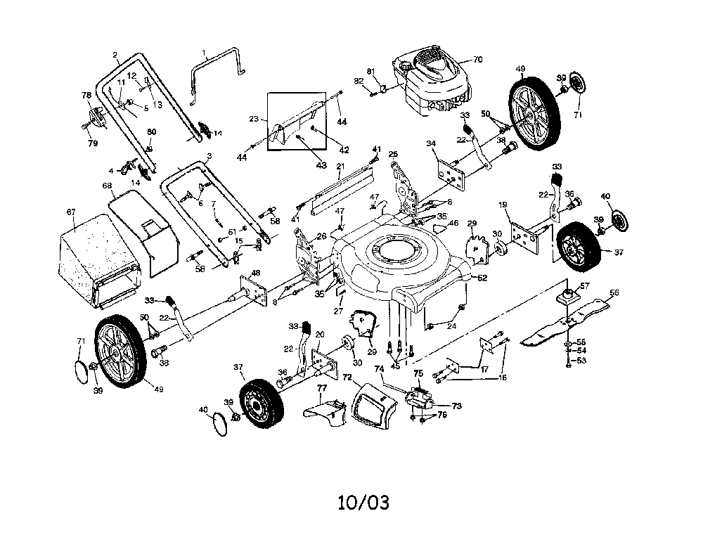 Engine/housing/handle/bag/wheels Diagram and Parts List for PR65N21CHA  Poulan Lawn Mower