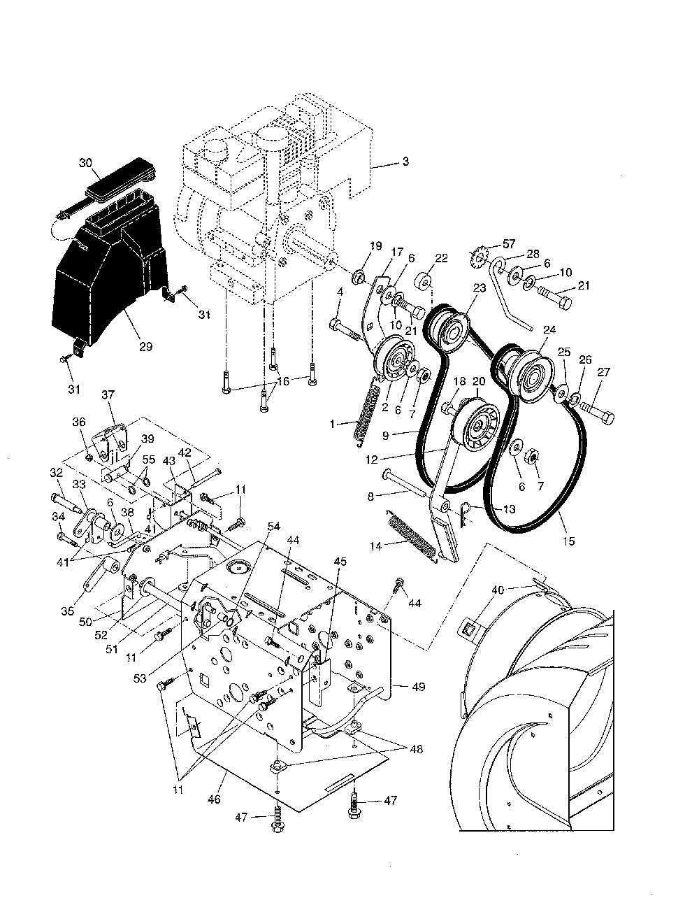 Chassis/engine/pulleys Diagram and Parts List for 96192000100  Poulan Snow Blower