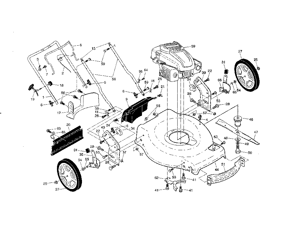 Handle/engine/housing Diagram and Parts List for 917447620  Poulan Lawn Mower