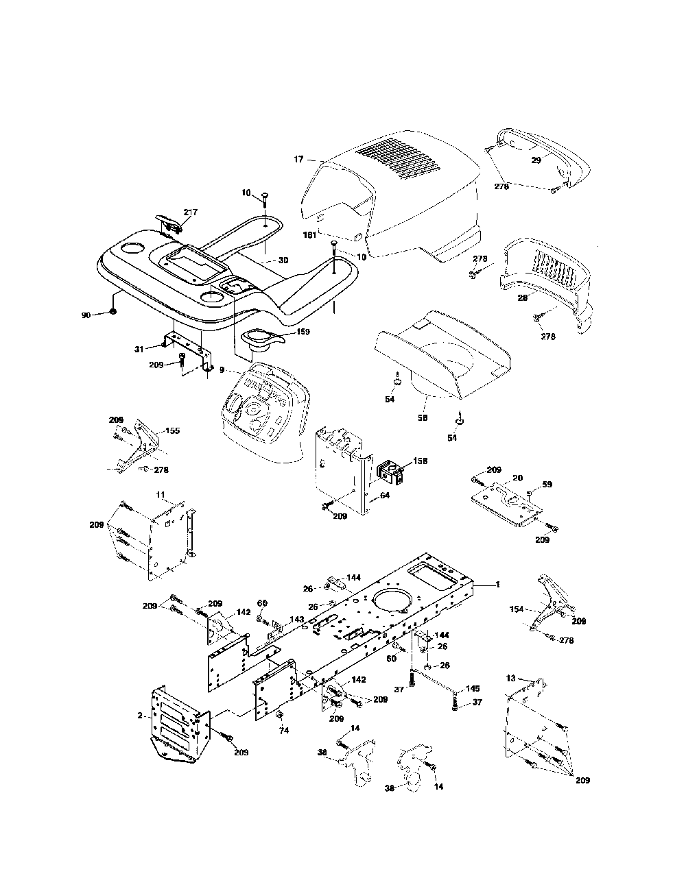 Chassis and enclosures Diagram and Parts List for 96012002001  Poulan Lawn Tractor