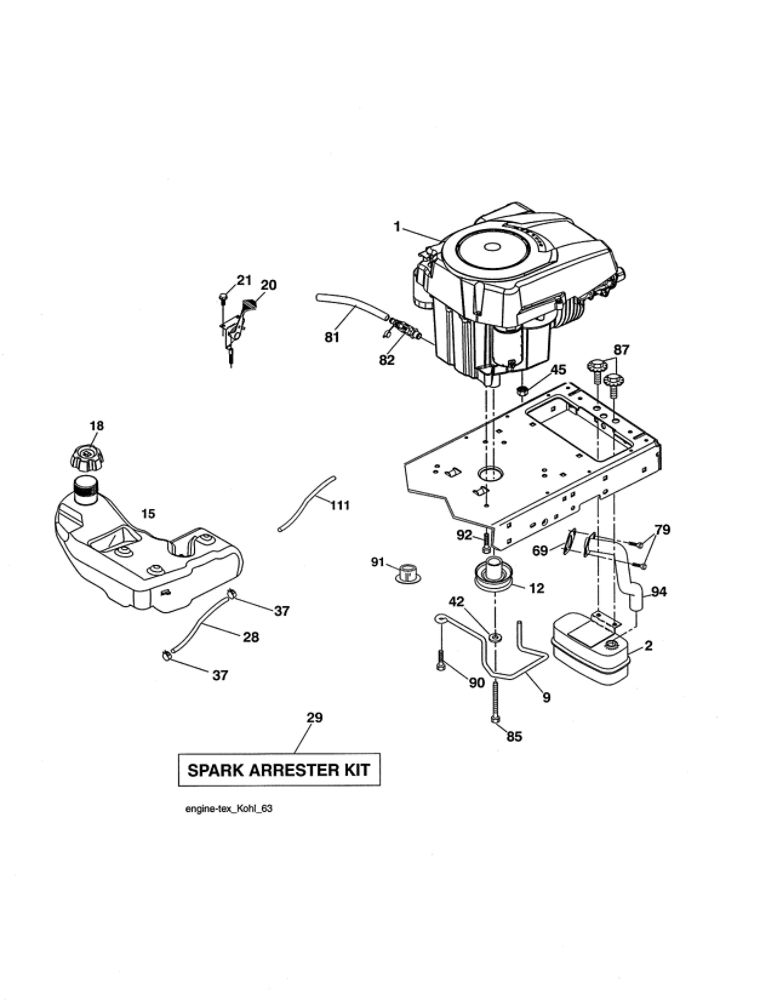 Engine Diagram and Parts List for 96042016900  Poulan Lawn Tractor