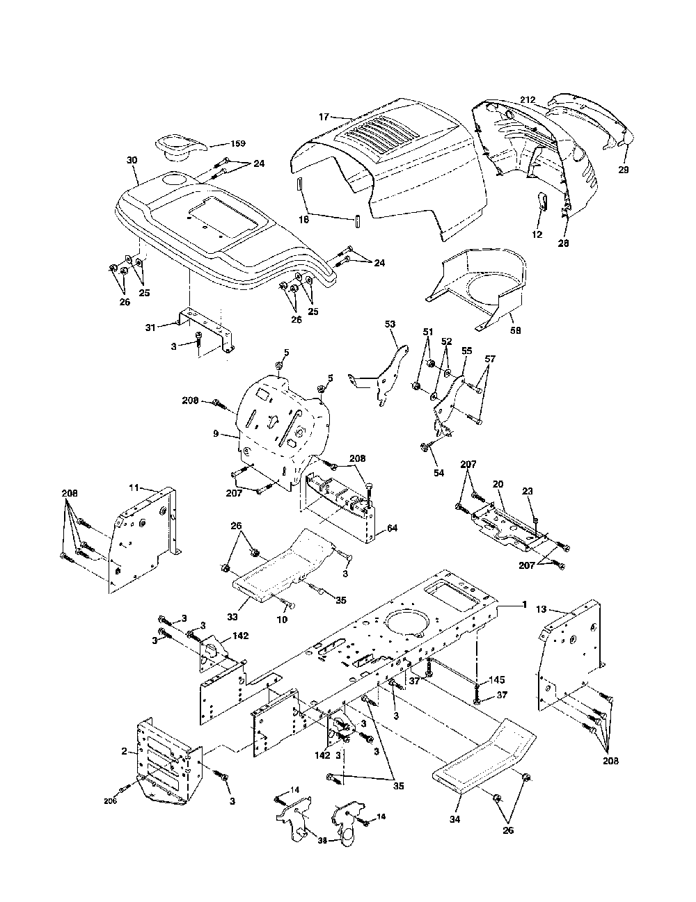 Chassis Diagram and Parts List for PR185H42STDA  Poulan Lawn Tractor