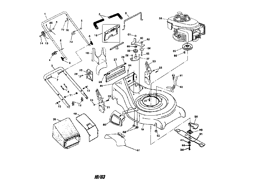 Engine/housing/handle/bag Diagram and Parts List for PR55R21AC  Poulan Lawn Mower