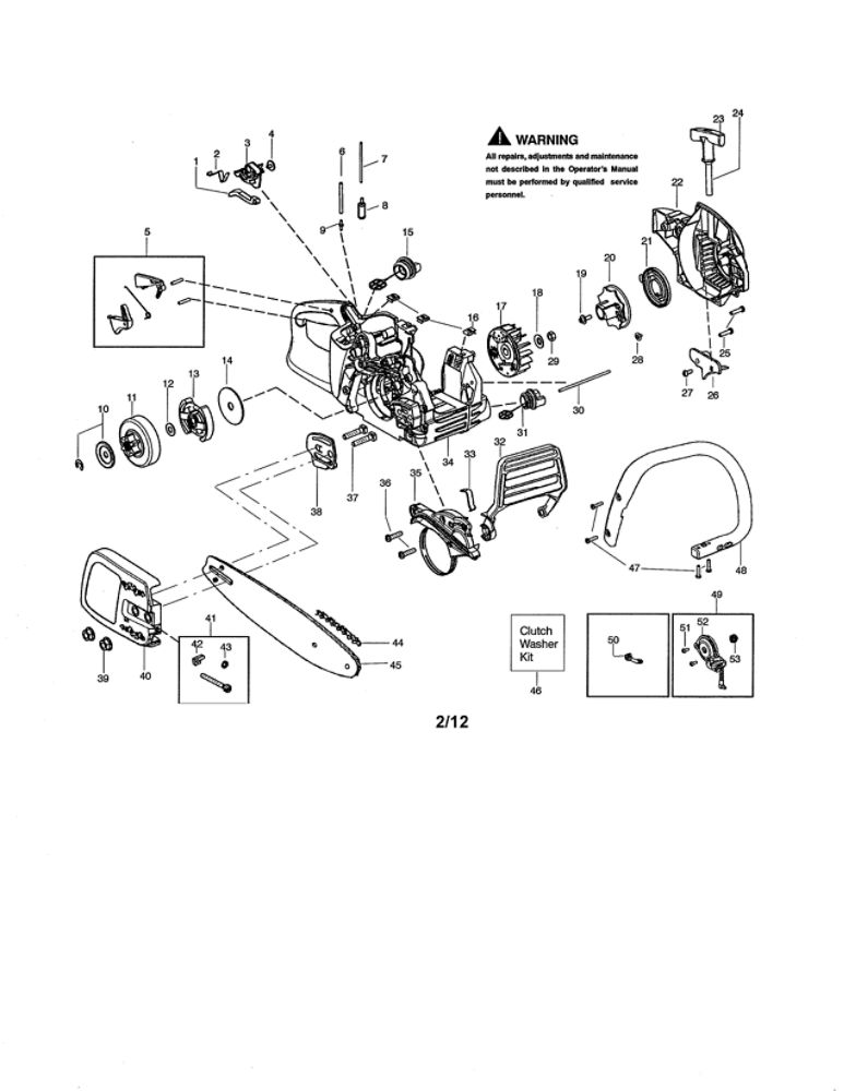 Chassis/Bar/Handle Diagram and Parts List for PP3416 TYPE 1 Poulan Chainsaw