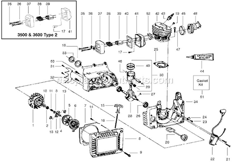 Page D Diagram and Parts List for 3500  Poulan Chainsaw