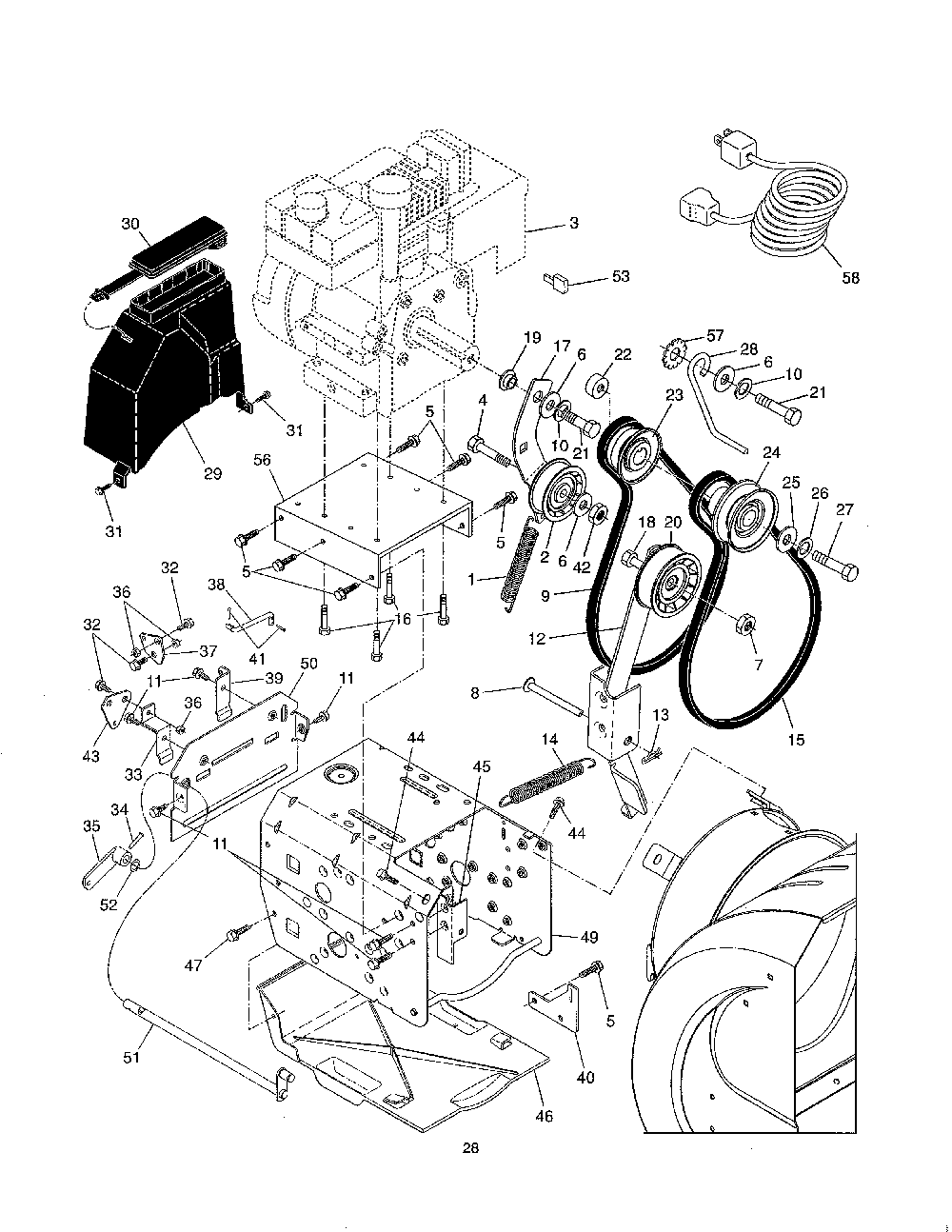 Chassis/engine/pulleys Diagram and Parts List for 96192001900  Poulan Snow Blower