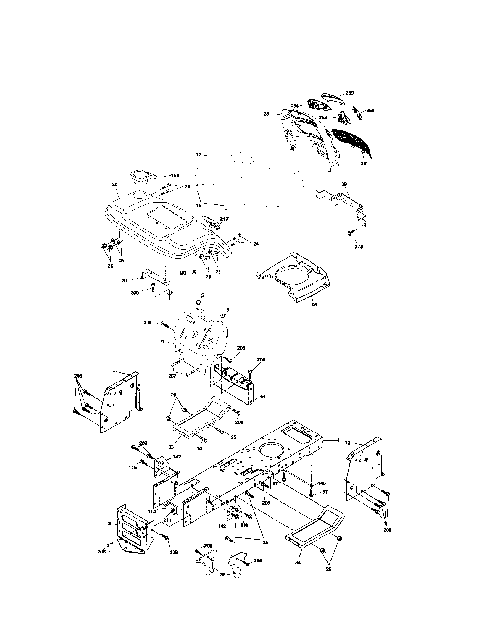 Chassis and enclosures Diagram and Parts List for 96012002702  Poulan Lawn Tractor