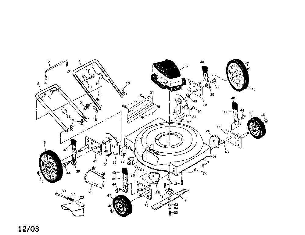 Engine/housing/wheels/handle Diagram and Parts List for PO45N22SHA  Poulan Lawn Mower