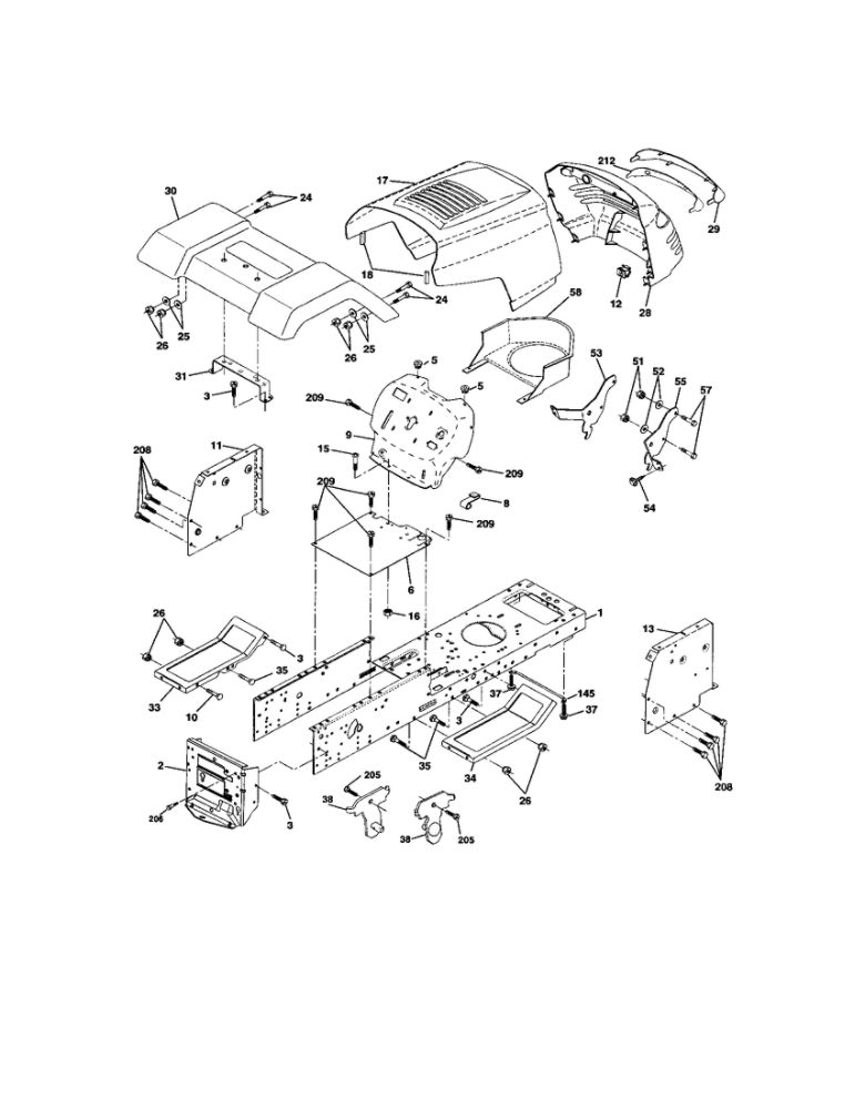 Chassis And Enclosures Diagram and Parts List for 270451  Poulan Lawn Tractor