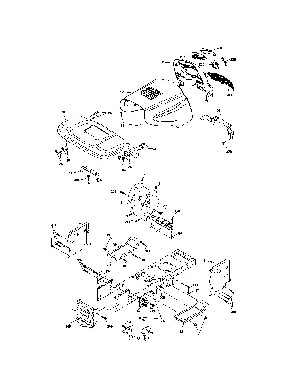 Chassis and enclosures Diagram and Parts List for 96016001300  Poulan Lawn Tractor