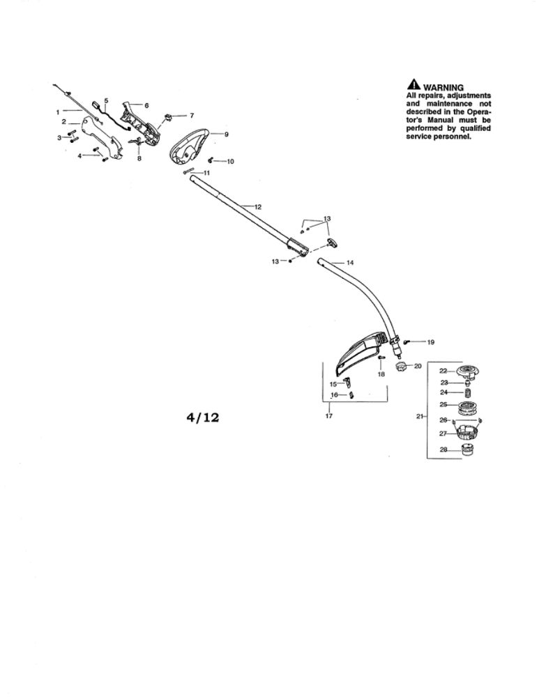 Drive Shaft/Handle/Shield Diagram and Parts List for PP025 TYPE 3 Poulan Trimmer