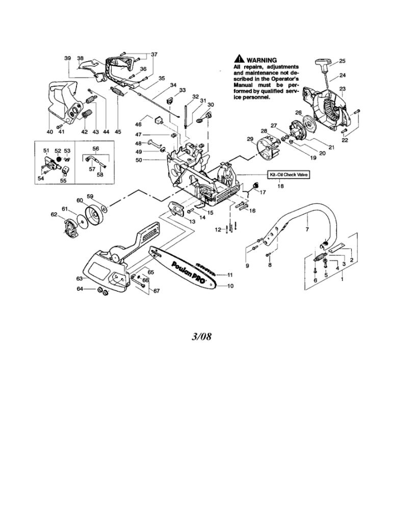 Chassis/Bar/Handle Diagram and Parts List for 260 TYPE 4-5 Poulan Chainsaw