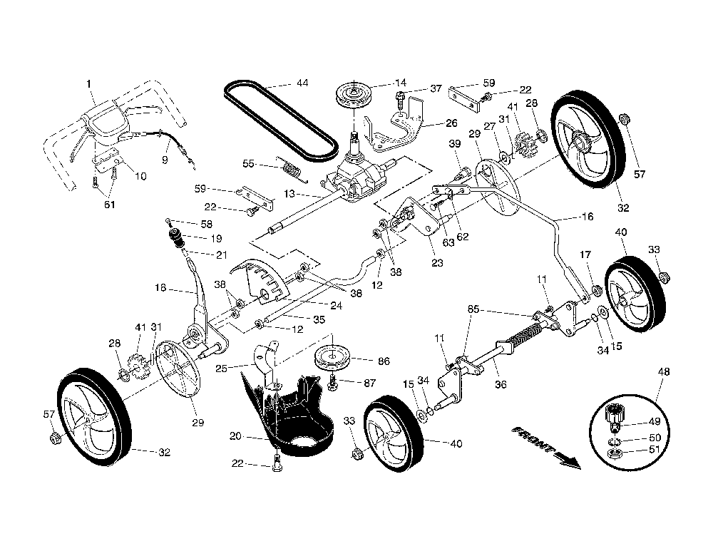 Gear case/drive control/wheels Diagram and Parts List for 96149000600  Poulan Lawn Mower