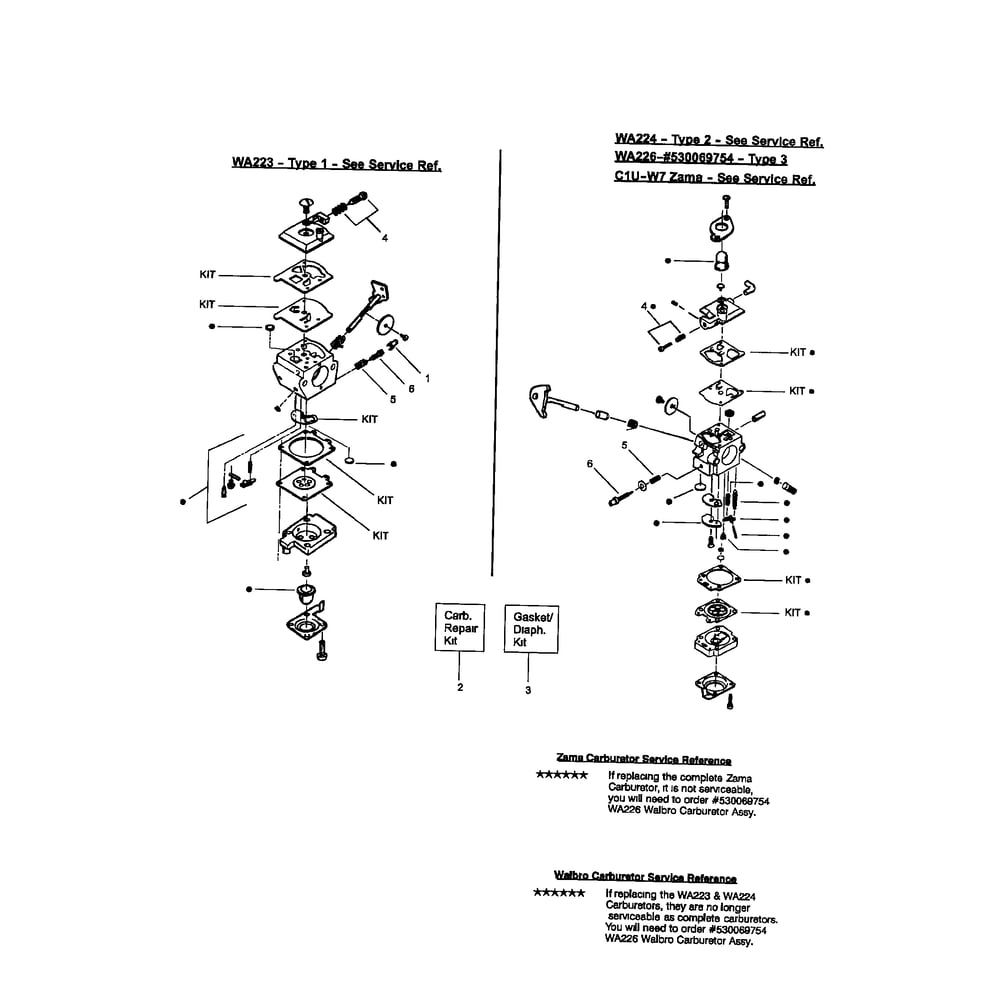 Carburetor-Wa223/Wa224/Wa226/C1u-W7 Diagram and Parts List for FEATHERLITE21  Poulan Trimmer