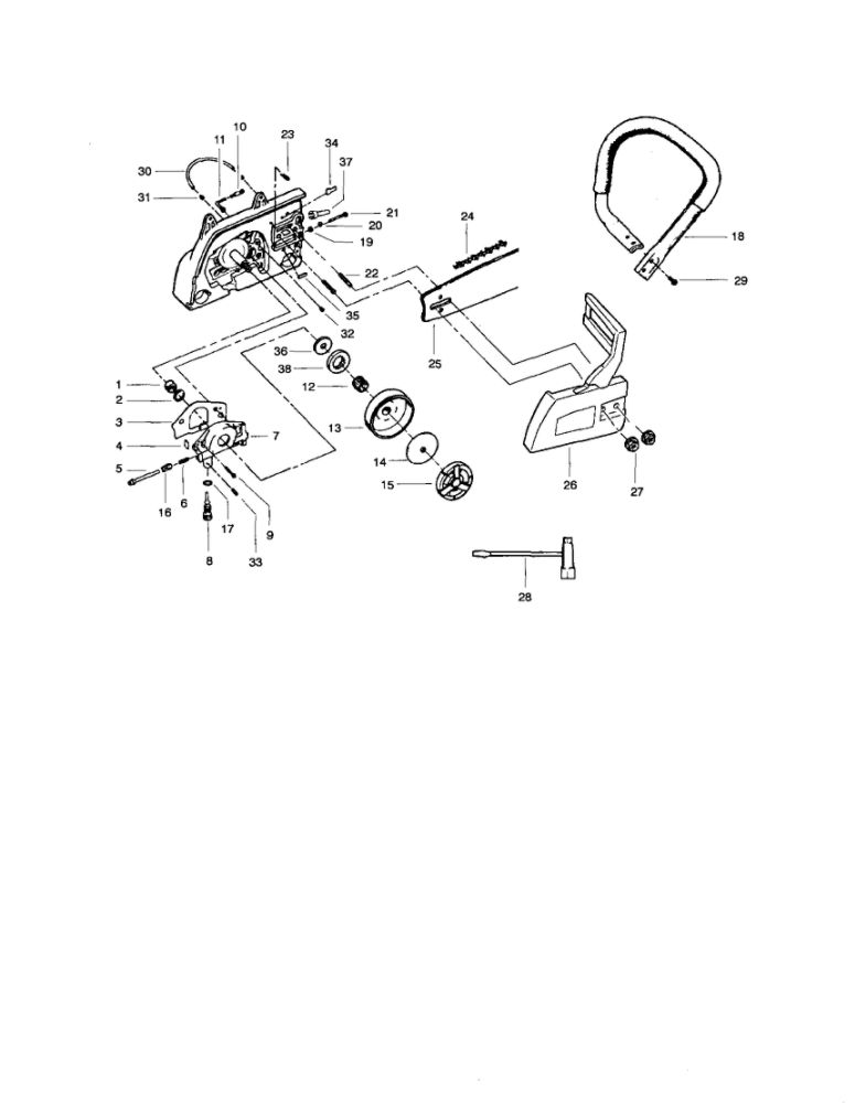 Handle/Clutch/Chain/Bar Diagram and Parts List for 380  Poulan Chainsaw