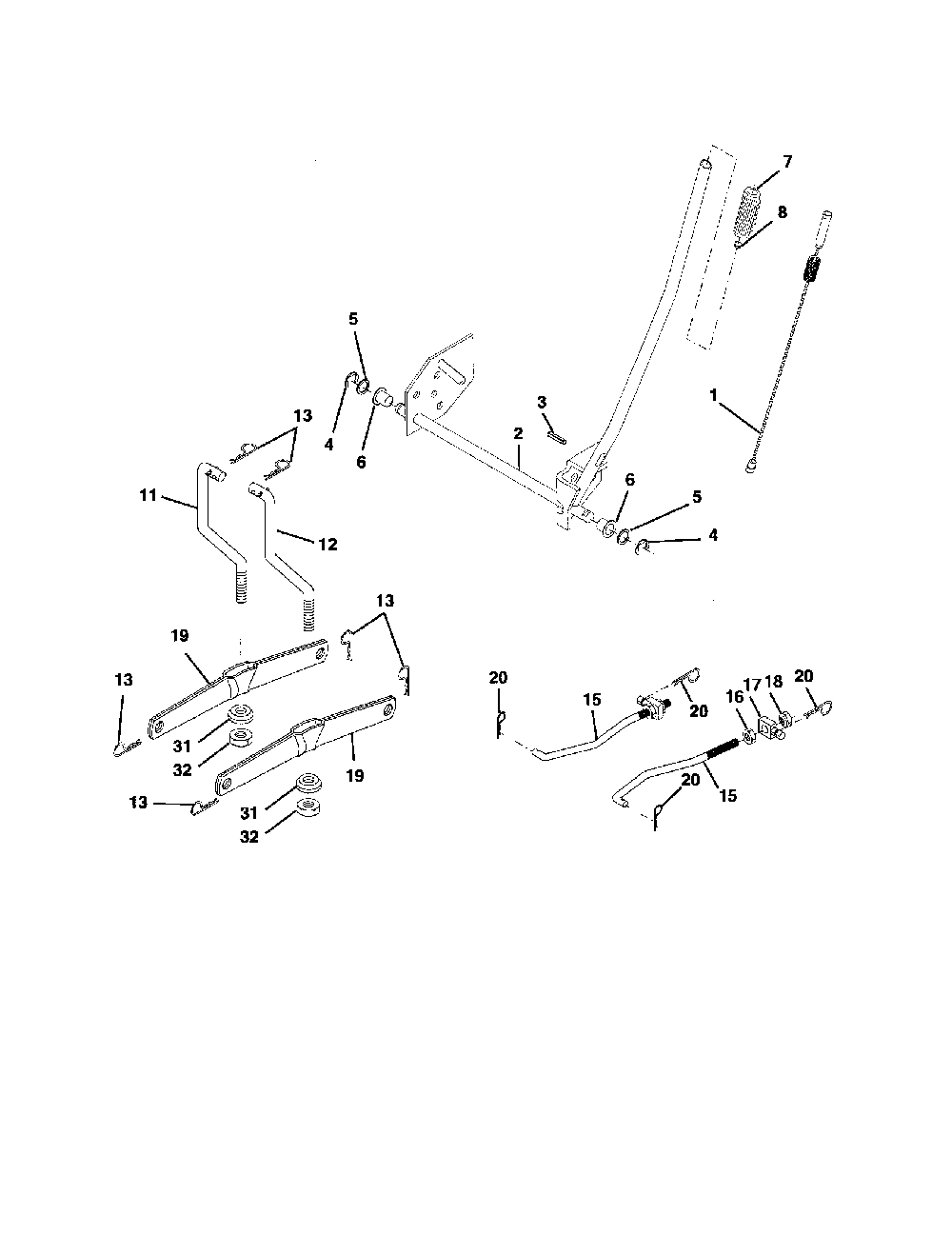 Mower lift Diagram and Parts List for 96012001601  Poulan Lawn Tractor