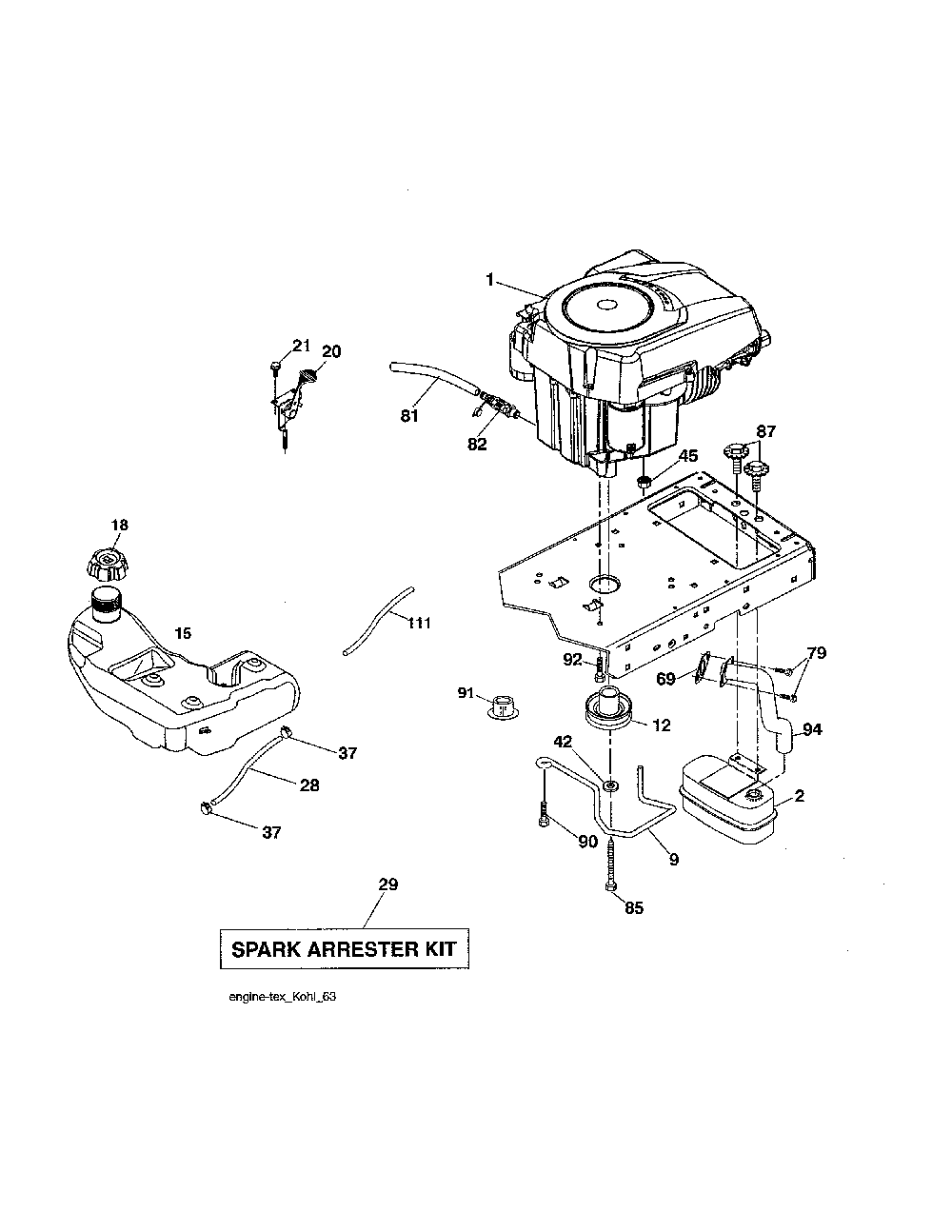 Engine Diagram and Parts List for PB20A46-96042016900  Poulan Lawn Tractor