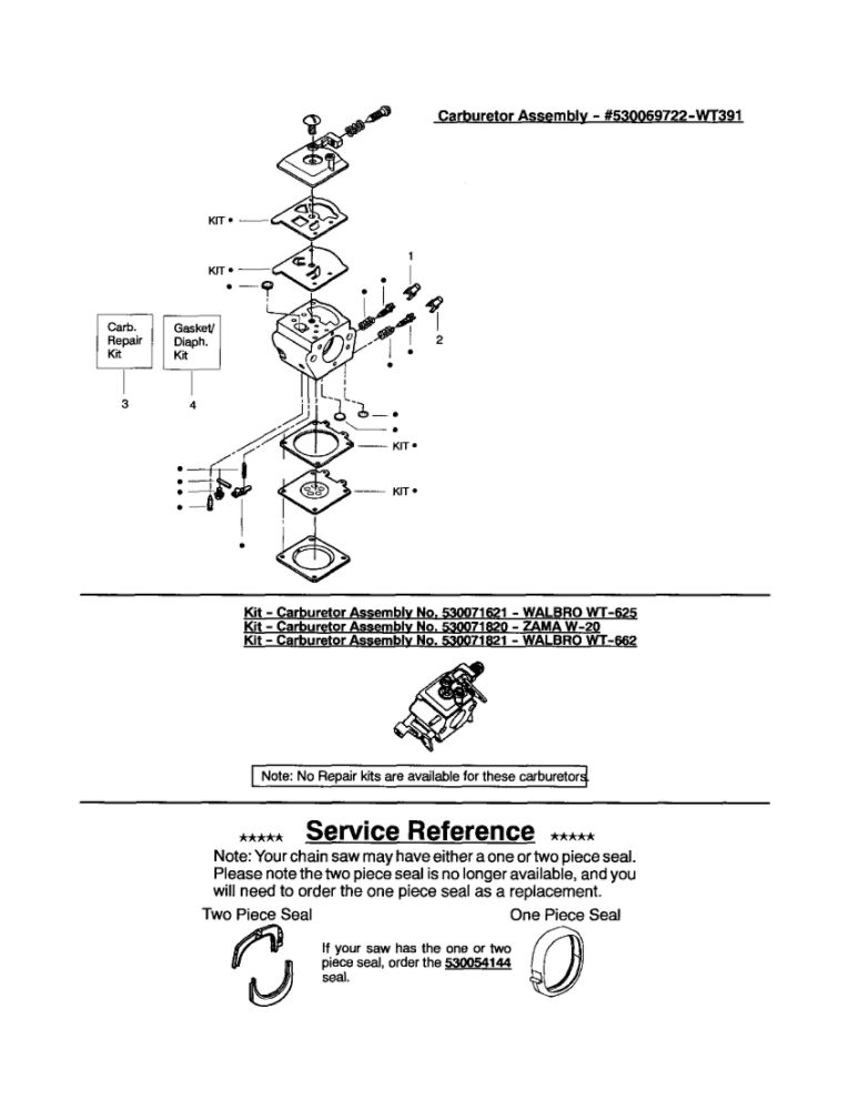Carburetor Diagram and Parts List for 220 TYPE 1-3 Poulan Chainsaw