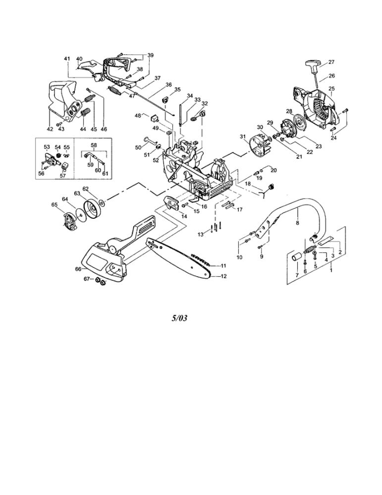 Chain/Bar/Chassis/Handle Diagram and Parts List for 221 TYPE 1-3 Poulan Chainsaw