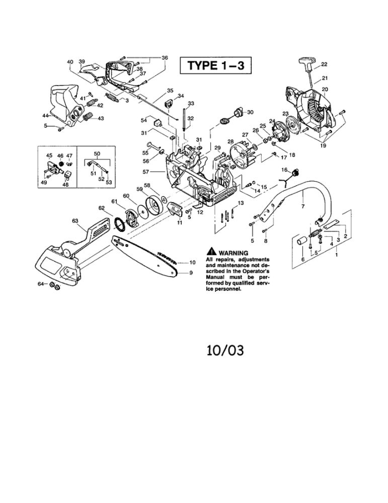 Chassis/Bar/Chain/Flywheel Diagram and Parts List for 220 TYPE 1-3 RECON Poulan Chainsaw