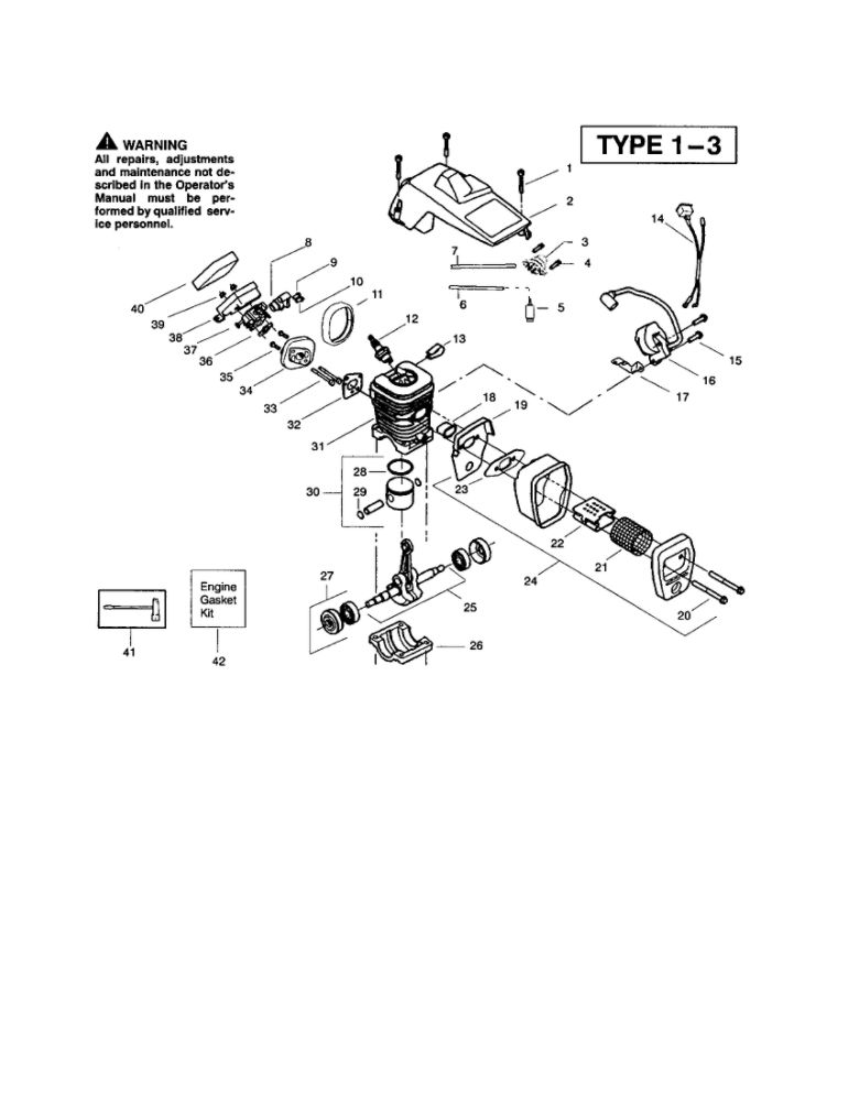 Cylinder/Crankcase/Crankshaft Diagram and Parts List for 220 TYPE 1-3 RECON Poulan Chainsaw