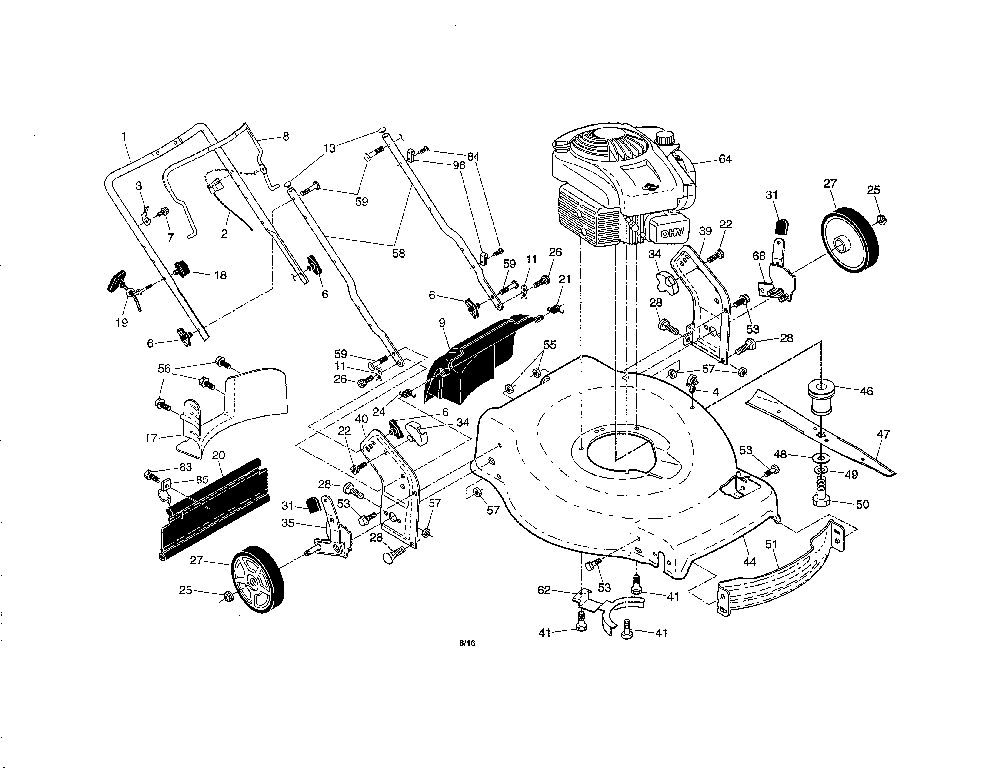 Engine/housing/handles Diagram and Parts List for 96142012201  Poulan Lawn Mower