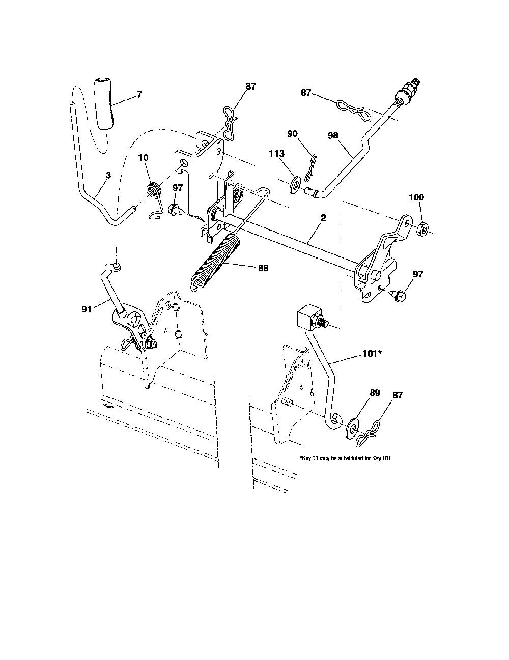 Mower lift Diagram and Parts List for 96042003604  Poulan Lawn Tractor