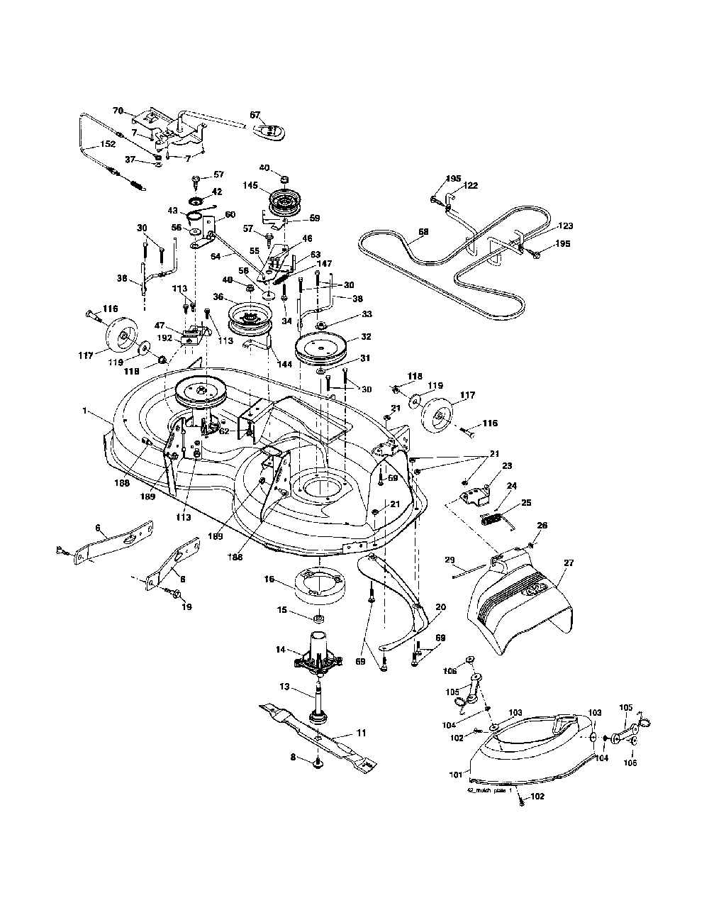 Mower deck Diagram and Parts List for 96041001400  Poulan Lawn Tractor