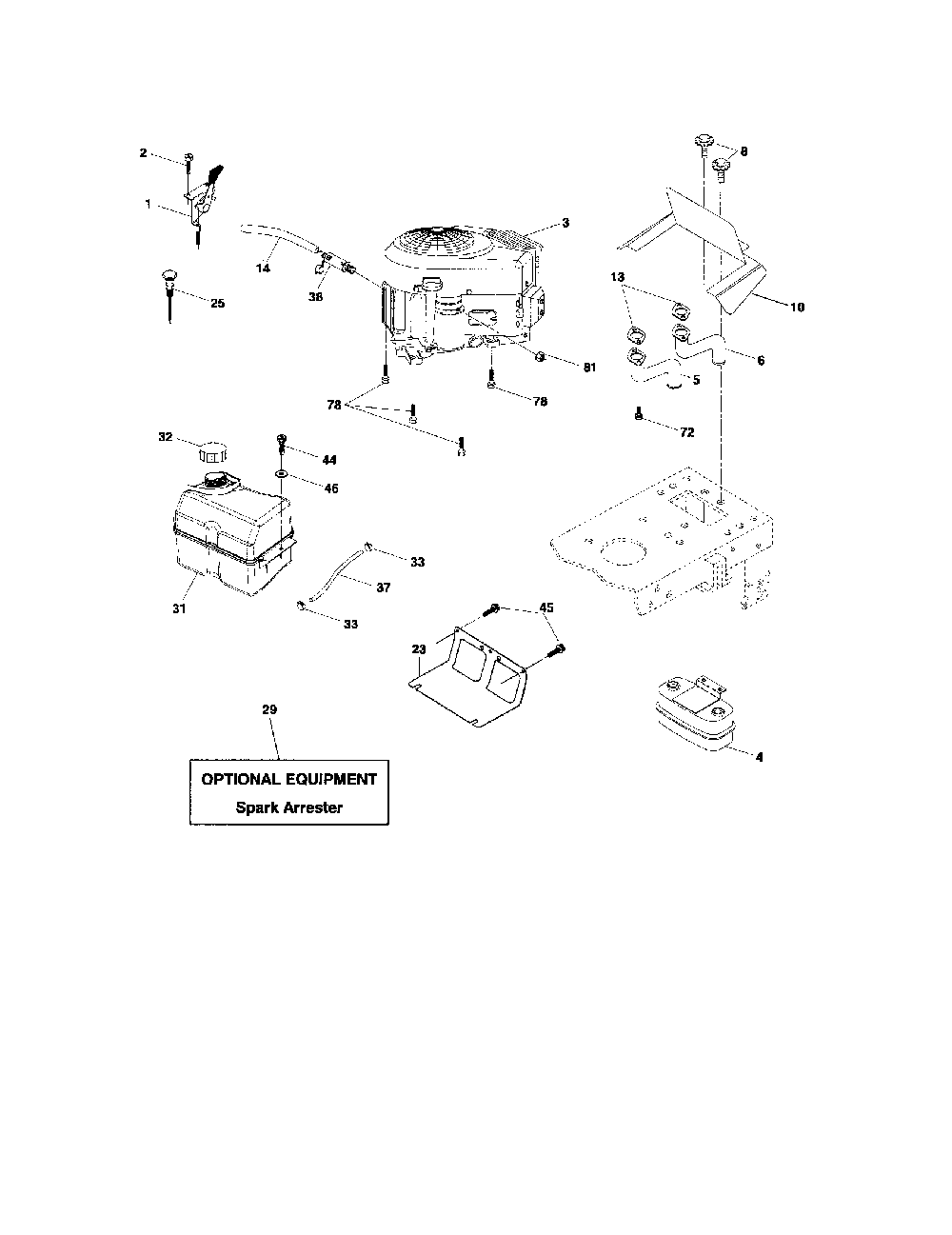 Engine Diagram and Parts List for HD21H42  Poulan Lawn Tractor