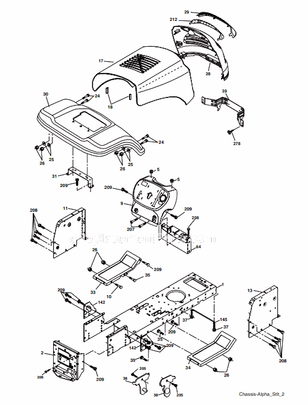 Chassis Diagram and Parts List for 96012003800  Poulan Lawn Tractor