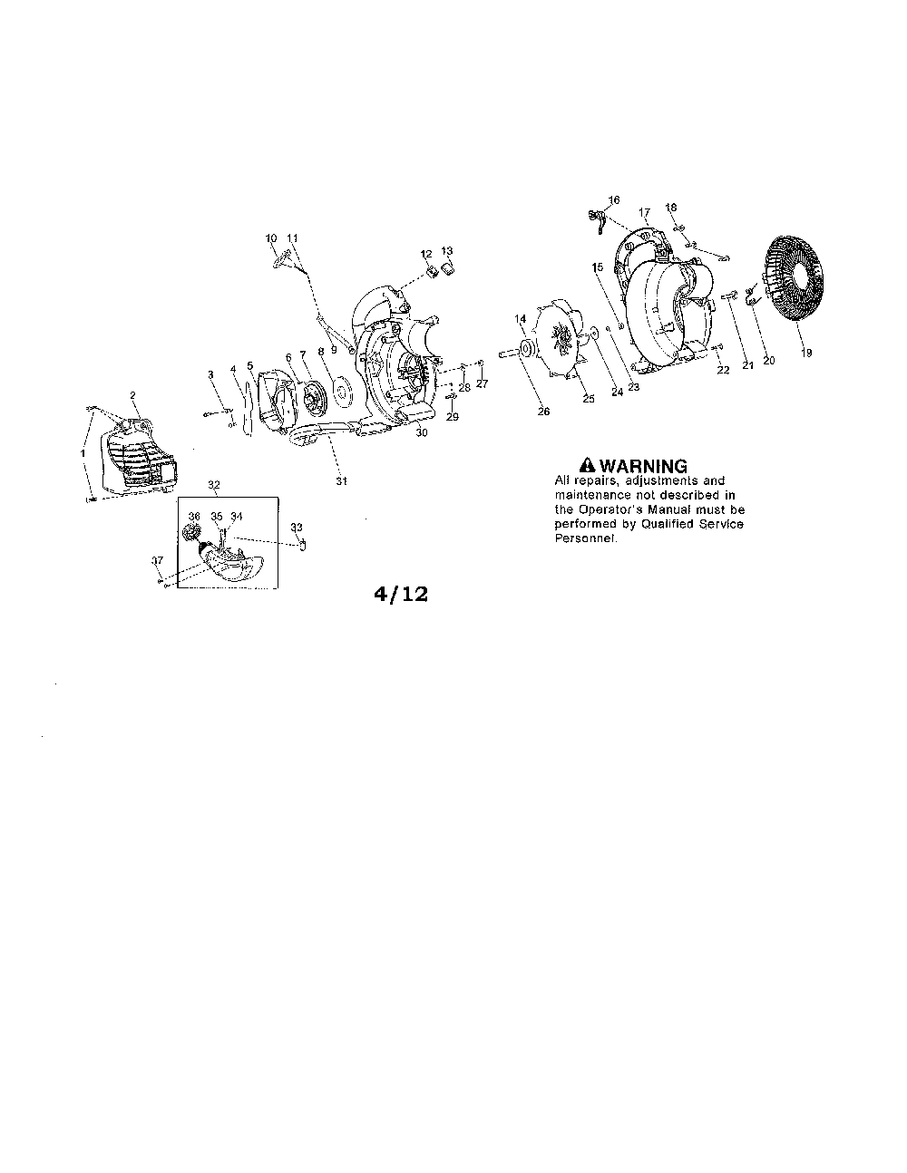 Scroll/impeller/handle Diagram and Parts List for P325 (ROW)(TYPE 2) Poulan Leaf Blower / Vacuum