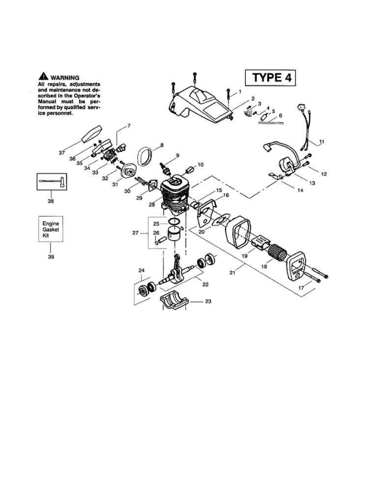 Cylinder/Crankcase/Crankshaft Diagram and Parts List for 220 TYPE 4 Poulan Chainsaw