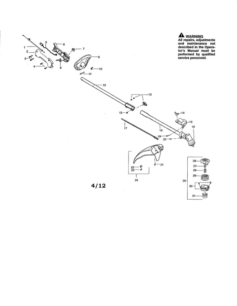Drive Shaft/Handle/Shield Diagram and Parts List for PP125 TYPE 3 Poulan Trimmer