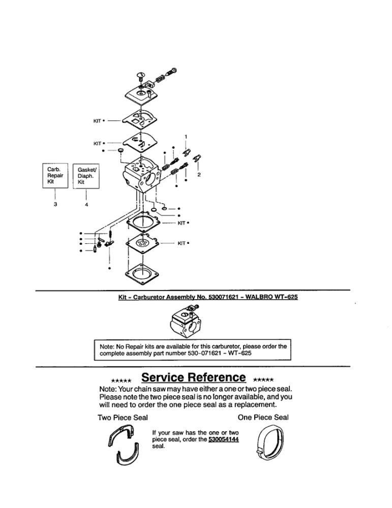 Carubretor's And Service Note Diagram and Parts List for 220 TYPE 1-3 RECON Poulan Chainsaw